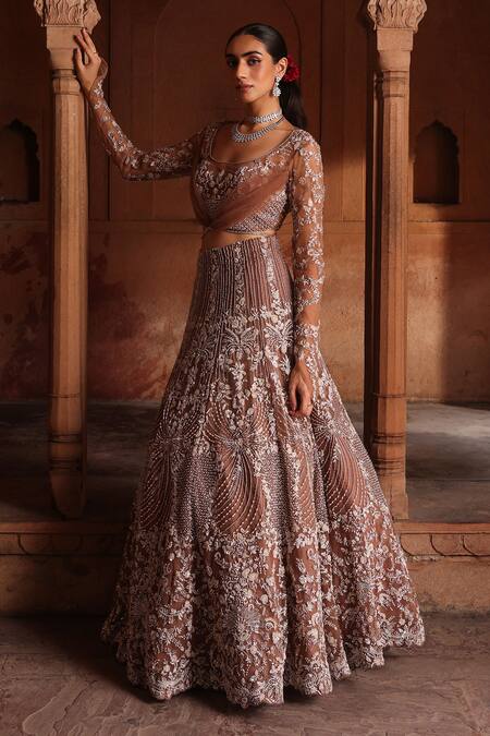 Shop Label Moni K Brown Net Cut Work, Sequins, Zari Scoop Neck Zardozi Lehenga And Blouse Set Online at Aza Fashions Shop_Label Moni K_Brown Net Cut Work, Sequins, Zari Scoop Neck Zardozi Lehenga And Blouse Set _Online_at_Aza_Fashions