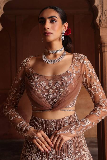 Buy Label Moni K Brown Net Cut Work, Sequins, Zari Scoop Neck Zardozi Lehenga And Blouse Set Buy_Label Moni K_Brown Net Cut Work, Sequins, Zari Scoop Neck Zardozi Lehenga And Blouse Set