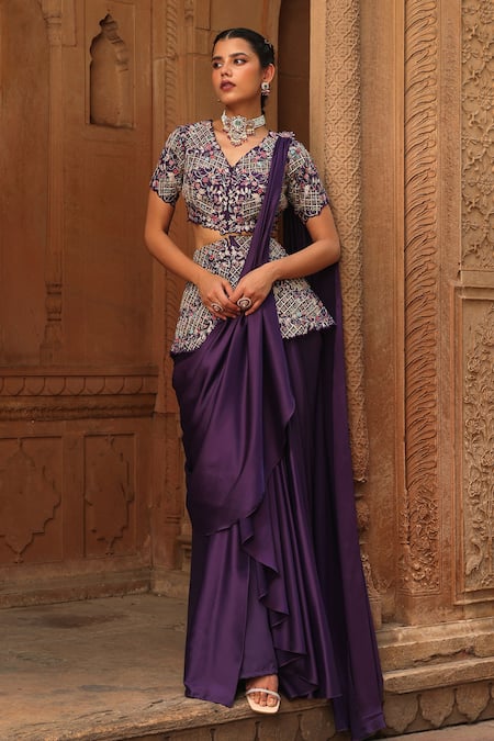 Label Moni K Kiara Pre-Draped Saree With Embroidered Peplum Top 