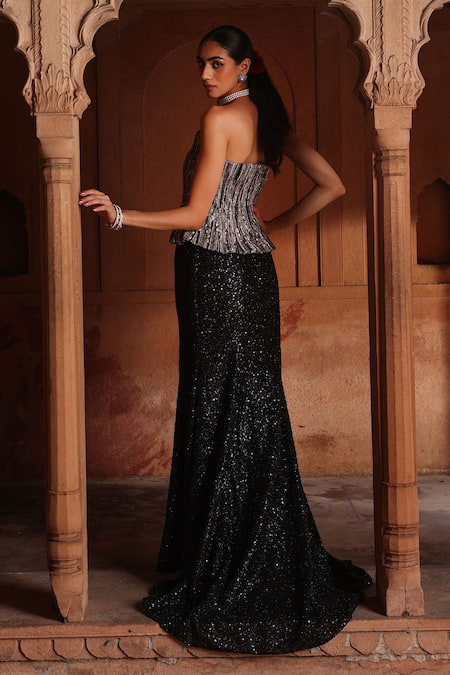 Shop_Label Moni K_Black Net Pearls, Cut Work, Sequins, Embroidered Corset And Fishcut Skirt Set _at_Aza_Fashions