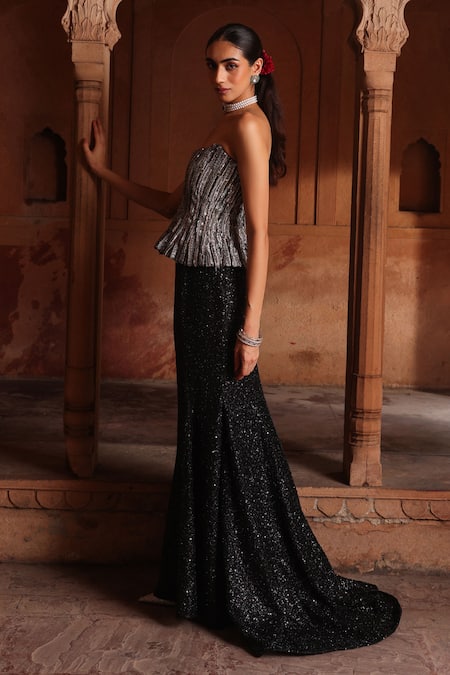 Label Moni K_Black Net Pearls, Cut Work, Sequins, Embroidered Corset And Fishcut Skirt Set _Online_at_Aza_Fashions