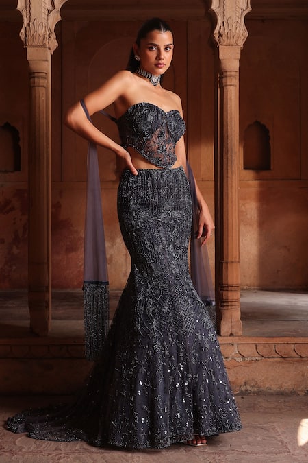 Shop_Label Moni K_Gray Net Cut Work, Sequins, Crystals Grey Floral Embroidered Lehenga Set _at_Aza_Fashions