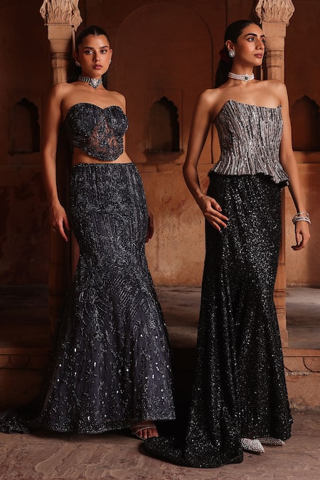 Shop_Label Moni K_Gray Net Cut Work, Sequins, Crystals Grey Floral Embroidered Lehenga Set _Online_at_Aza_Fashions