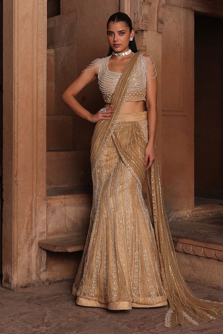 Label Moni K Embroidered Fishcut Pre-Draped Lehenga Saree With Blouse 