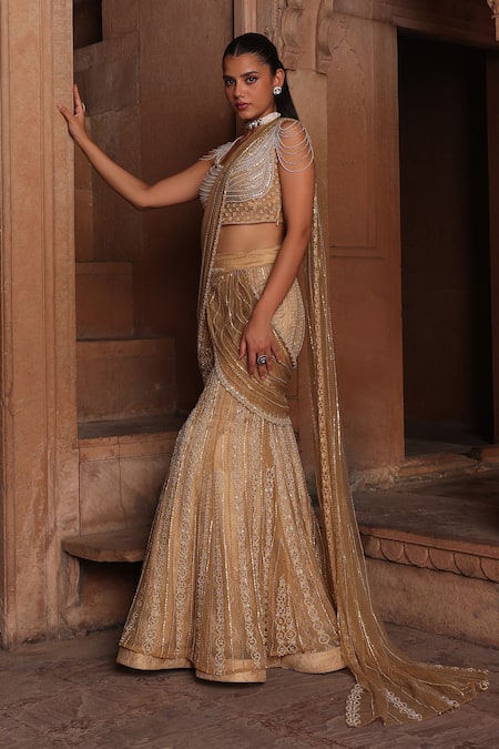 Shop_Label Moni K_Gold Net Cut Work, Pearls Round Neck Embroidered Fishcut Lehenga Saree And Blouse _Online_at_Aza_Fashions