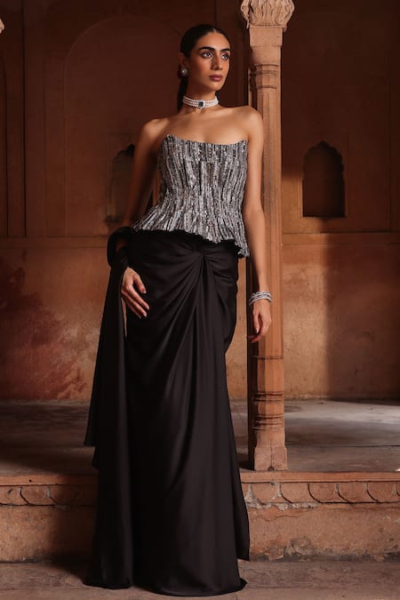 Label Moni K Black Net, Satin Pearls, Sequins, Cut Embroidered Corset And Pre-draped Saree Set Online at Aza Fashions Label Moni K_Black Net, Satin Pearls, Sequins, Cut Embroidered Corset And Pre-draped Saree Set _Online_at_Aza_Fashions