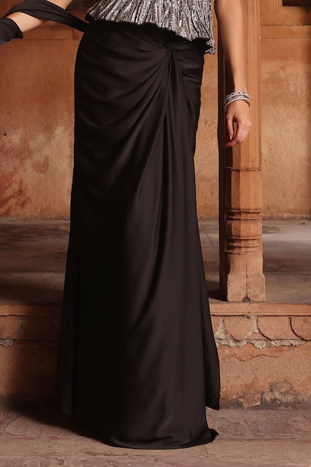 Shop Label Moni K Black Net, Satin Pearls, Sequins, Cut Embroidered Corset And Pre-draped Saree Set Online at Aza Fashions Shop_Label Moni K_Black Net, Satin Pearls, Sequins, Cut Embroidered Corset And Pre-draped Saree Set _Online_at_Aza_Fashions