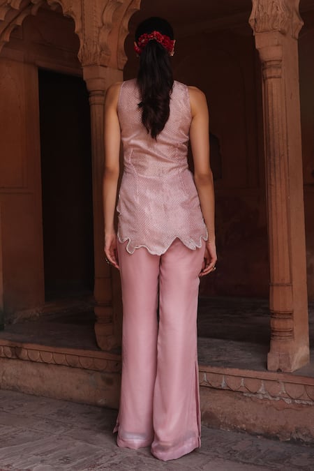 Shop_Label Moni K_Pink Organza, Georgette Smocking, Rhinestones Asymmetric Top With Pant Set _at_Aza_Fashions