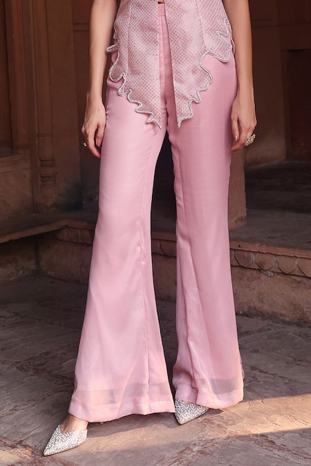 Label Moni K_Pink Organza, Georgette Smocking, Rhinestones Asymmetric Top With Pant Set _Online_at_Aza_Fashions