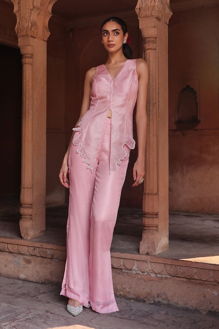Buy_Label Moni K_Pink Organza, Georgette Smocking, Rhinestones Asymmetric Top With Pant Set _Online_at_Aza_Fashions