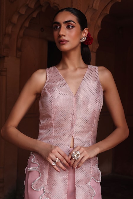 Shop_Label Moni K_Pink Organza, Georgette Smocking, Rhinestones Asymmetric Top With Pant Set _Online_at_Aza_Fashions