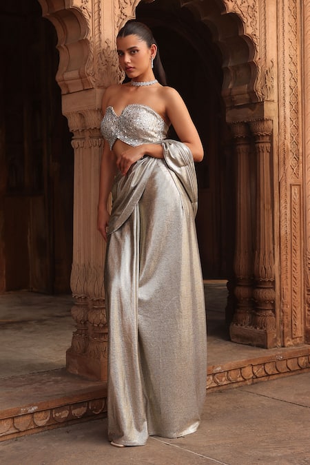 Buy_Label Moni K_Silver Silk Mirrors Sweetheart Neck Pre-draped Saree And Tube Blouse _Online_at_Aza_Fashions