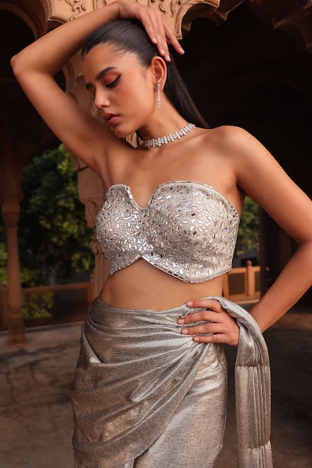 Label Moni K_Silver Silk Mirrors Sweetheart Neck Pre-draped Saree And Tube Blouse _at_Aza_Fashions