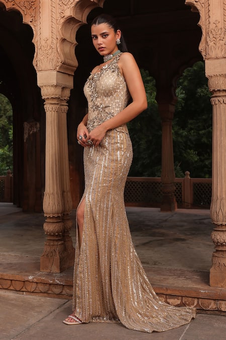 Label Moni K Gold Net Cut Work, Sequins, Beads Asymmetric 3d Embroidered Corset And Fish Skirt Online at Aza Fashions Label Moni K_Gold Net Cut Work, Sequins, Beads Asymmetric 3d Embroidered Corset And Fish Skirt _Online_at_Aza_Fashions