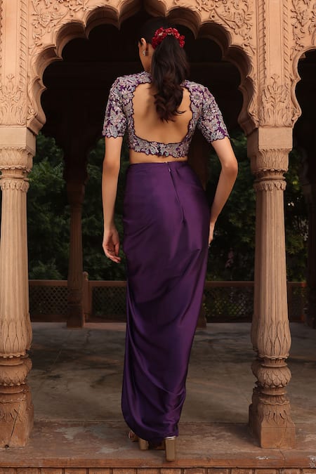 Shop_Label Moni K_Purple Silk, Organza, Satin Sequins, Beads, Embroidery Floral Cape Dhoti Set _at_Aza_Fashions
