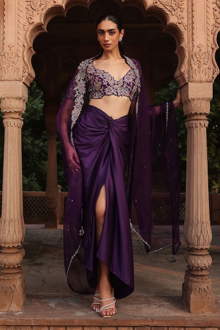 Label Moni K_Purple Silk, Organza, Satin Sequins, Beads, Embroidery Floral Cape Dhoti Set _Online_at_Aza_Fashions