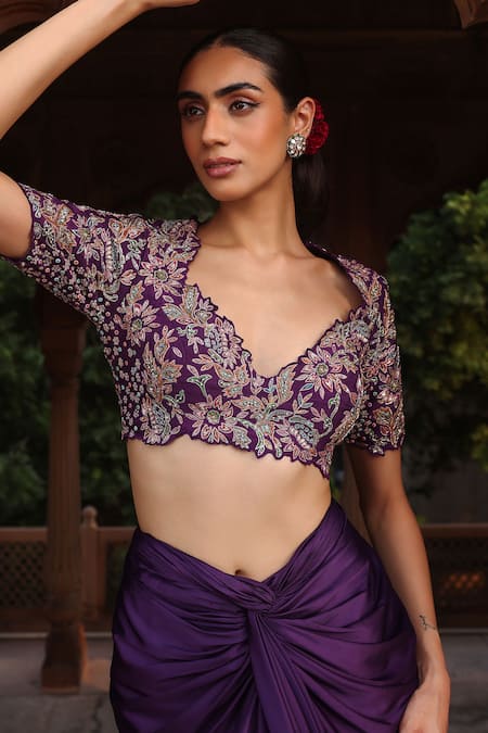 Buy_Label Moni K_Purple Silk, Organza, Satin Sequins, Beads, Embroidery Floral Cape Dhoti Set _Online_at_Aza_Fashions