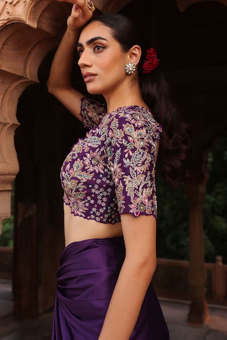 Shop_Label Moni K_Purple Silk, Organza, Satin Sequins, Beads, Embroidery Floral Cape Dhoti Set _Online_at_Aza_Fashions