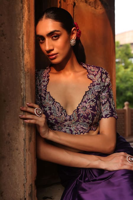 Label Moni K_Purple Silk, Organza, Satin Sequins, Beads, Embroidery Floral Cape Dhoti Set _at_Aza_Fashions