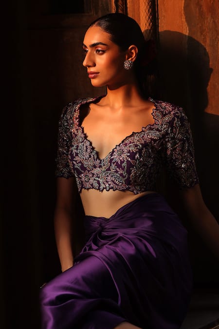 Buy_Label Moni K_Purple Silk, Organza, Satin Sequins, Beads, Embroidery Floral Cape Dhoti Set 