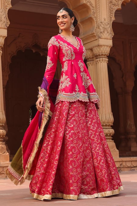 Label Moni K_Pink Jacquard, Silk Pearls, Geometric Bandhani Lehenga Set With Peplum Kurta _Online_at_Aza_Fashions