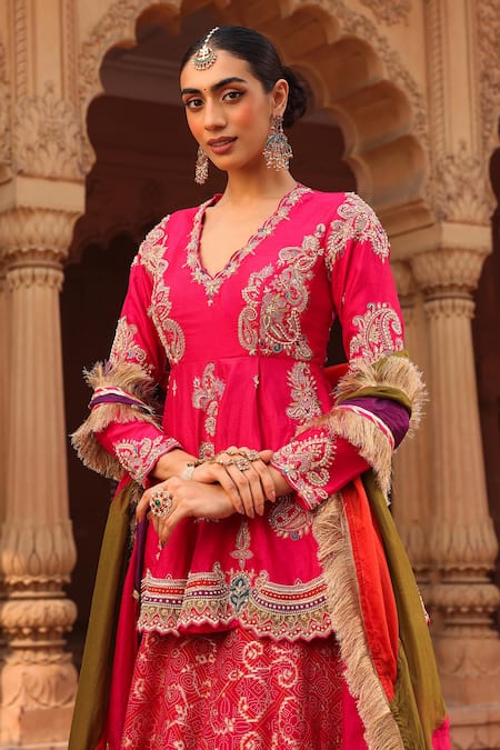 Buy_Label Moni K_Pink Jacquard, Silk Pearls, Geometric Bandhani Lehenga Set With Peplum Kurta _Online_at_Aza_Fashions