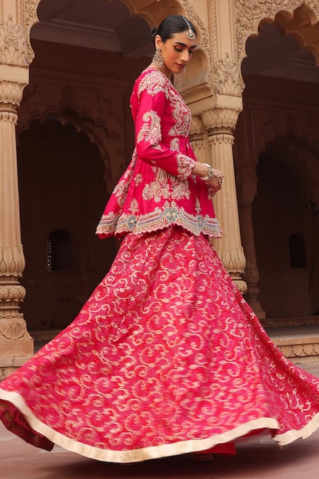 Shop_Label Moni K_Pink Jacquard, Silk Pearls, Geometric Bandhani Lehenga Set With Peplum Kurta _Online_at_Aza_Fashions