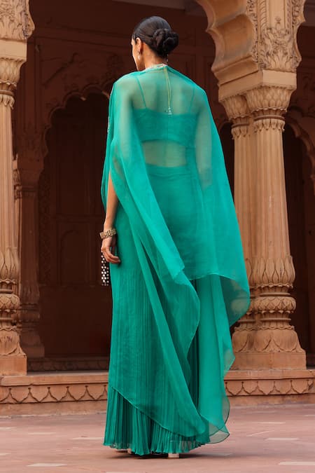 Shop Label Moni K Green Georgette Beads, Pearls Floral Embroidered Asymmetric Cape Gharara Set at Aza Fashions Shop_Label Moni K_Green Georgette Beads, Pearls Floral Embroidered Asymmetric Cape Gharara Set _at_Aza_Fashions