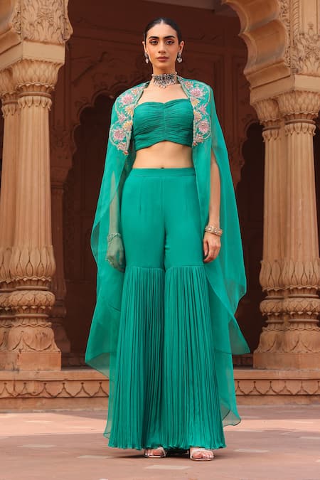 Label Moni K Green Georgette Beads, Pearls Floral Embroidered Asymmetric Cape Gharara Set Online at Aza Fashions Label Moni K_Green Georgette Beads, Pearls Floral Embroidered Asymmetric Cape Gharara Set _Online_at_Aza_Fashions