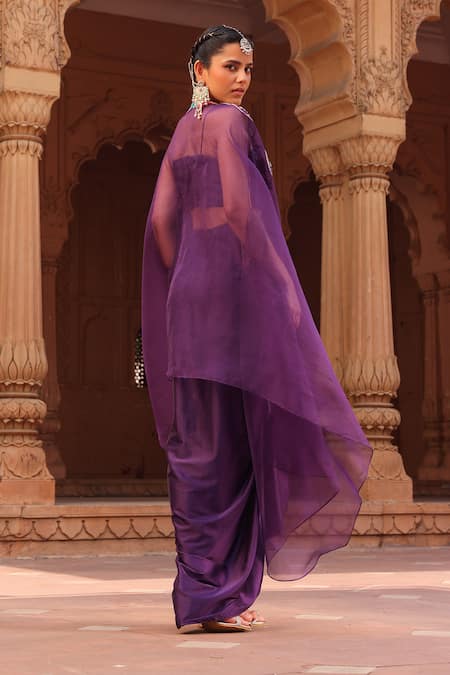 Shop Label Moni K Purple Georgette Pearls, Beads Floral Embroidered Asymmetric Cape Dhoti Set at Aza Fashions Shop_Label Moni K_Purple Georgette Pearls, Beads Floral Embroidered Asymmetric Cape Dhoti Set _at_Aza_Fashions