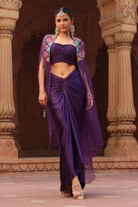 Label Moni K Purple Georgette Pearls, Beads Floral Embroidered Asymmetric Cape Dhoti Set Online at Aza Fashions Label Moni K_Purple Georgette Pearls, Beads Floral Embroidered Asymmetric Cape Dhoti Set _Online_at_Aza_Fashions