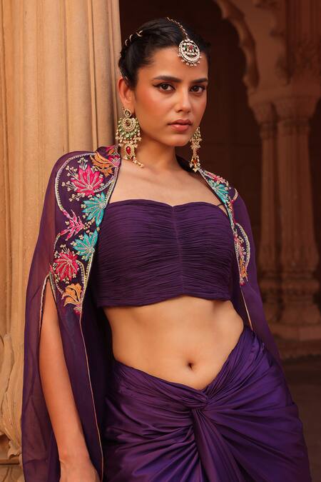 Label Moni K Purple Georgette Pearls, Beads Floral Embroidered Asymmetric Cape Dhoti Set at Aza Fashions Label Moni K_Purple Georgette Pearls, Beads Floral Embroidered Asymmetric Cape Dhoti Set _at_Aza_Fashions