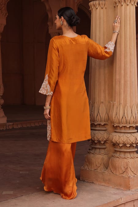 Shop Label Moni K Orange Silk, Organza, Satin Beads, Pearls, Dori High-low Flared Pant Set at Aza Fashions Shop_Label Moni K_Orange Silk, Organza, Satin Beads, Pearls, Dori High-low Flared Pant Set _at_Aza_Fashions