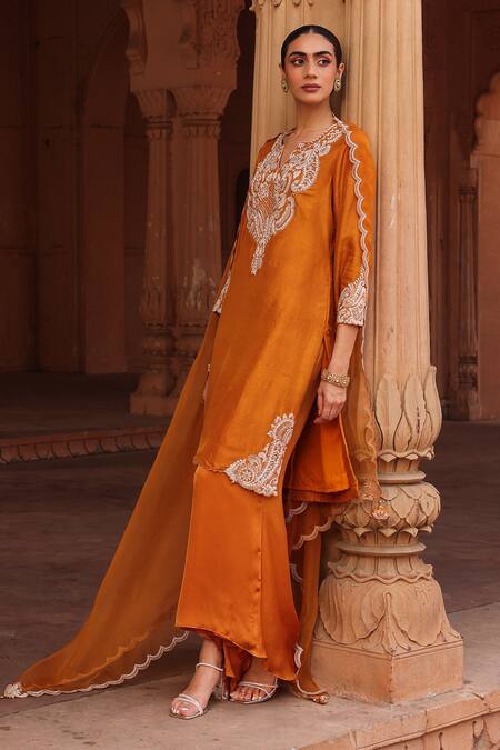 Label Moni K Orange Silk, Organza, Satin Beads, Pearls, Dori High-low Flared Pant Set Online at Aza Fashions Label Moni K_Orange Silk, Organza, Satin Beads, Pearls, Dori High-low Flared Pant Set _Online_at_Aza_Fashions