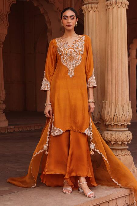 Buy Label Moni K Orange Silk, Organza, Satin Beads, Pearls, Dori High-low Flared Pant Set Online at Aza Fashions Buy_Label Moni K_Orange Silk, Organza, Satin Beads, Pearls, Dori High-low Flared Pant Set _Online_at_Aza_Fashions