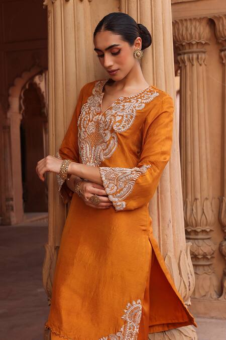 Shop Label Moni K Orange Silk, Organza, Satin Beads, Pearls, Dori High-low Flared Pant Set Online at Aza Fashions Shop_Label Moni K_Orange Silk, Organza, Satin Beads, Pearls, Dori High-low Flared Pant Set _Online_at_Aza_Fashions