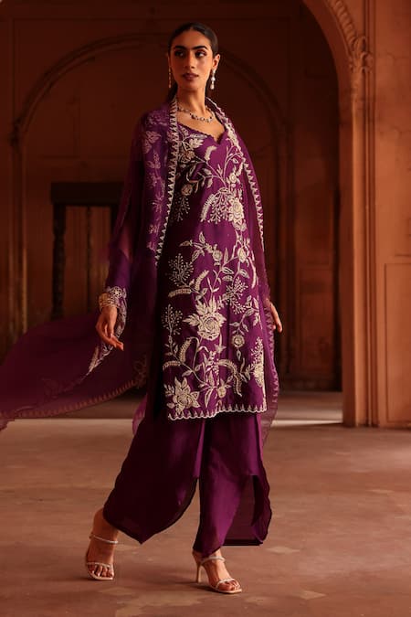 Shop_Label Moni K_Purple Chanderi Silk, Organza Diamonds, Beads, Floral Embroidered Kurta Set _at_Aza_Fashions