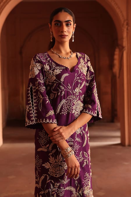 Label Moni K_Purple Chanderi Silk, Organza Diamonds, Beads, Floral Embroidered Kurta Set _Online_at_Aza_Fashions