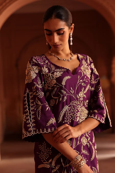 Buy_Label Moni K_Purple Chanderi Silk, Organza Diamonds, Beads, Floral Embroidered Kurta Set _Online_at_Aza_Fashions