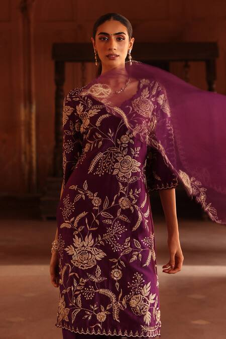 Shop_Label Moni K_Purple Chanderi Silk, Organza Diamonds, Beads, Floral Embroidered Kurta Set _Online_at_Aza_Fashions