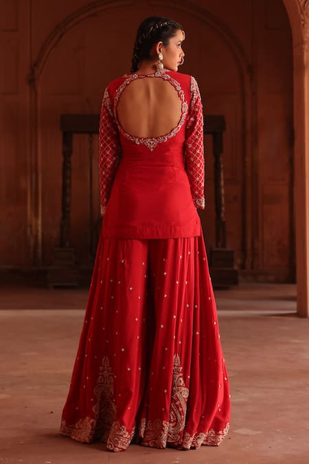 Shop Label Moni K Red , Silk, Organza, Satin Floral Embroidered Kurta Sharara Set at Aza Fashions Shop_Label Moni K_Red , Silk, Organza, Satin Floral Embroidered Kurta Sharara Set _at_Aza_Fashions