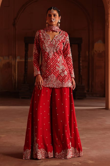 Label Moni K Red , Silk, Organza, Satin Floral Embroidered Kurta Sharara Set Online at Aza Fashions Label Moni K_Red , Silk, Organza, Satin Floral Embroidered Kurta Sharara Set _Online_at_Aza_Fashions