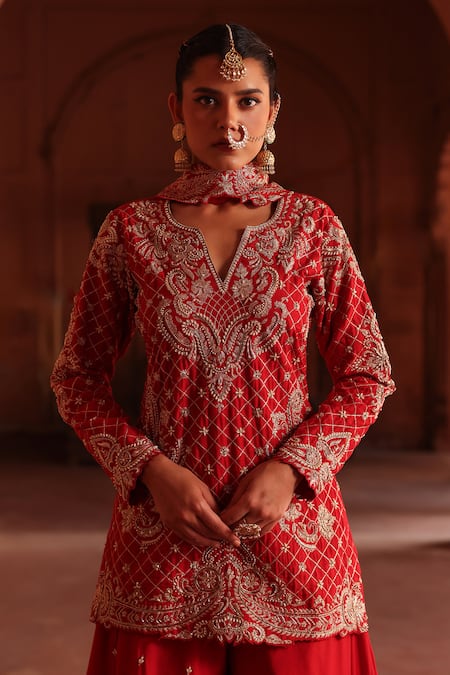 Buy Label Moni K Red , Silk, Organza, Satin Floral Embroidered Kurta Sharara Set Online at Aza Fashions Buy_Label Moni K_Red , Silk, Organza, Satin Floral Embroidered Kurta Sharara Set _Online_at_Aza_Fashions