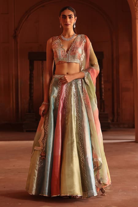 Label Moni K_Multi Color Chanderi, Organza Mirrors, Gradient Mirrorwork Lehenga Set _Online_at_Aza_Fashions