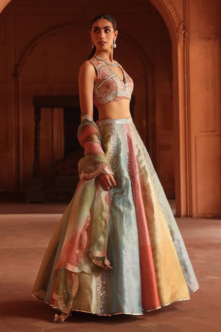 Buy_Label Moni K_Multi Color Chanderi, Organza Mirrors, Gradient Mirrorwork Lehenga Set _Online_at_Aza_Fashions