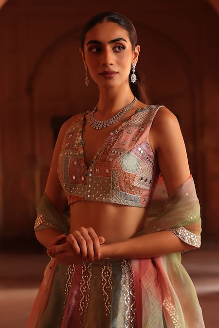 Shop_Label Moni K_Multi Color Chanderi, Organza Mirrors, Gradient Mirrorwork Lehenga Set _Online_at_Aza_Fashions