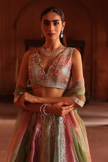 Label Moni K_Multi Color Chanderi, Organza Mirrors, Gradient Mirrorwork Lehenga Set _at_Aza_Fashions