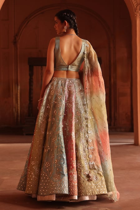 Shop_Label Moni K_Green Chanderi, Organza, Tissue Beads, Mirrors Gradient Layered Lehenga Set _at_Aza_Fashions
