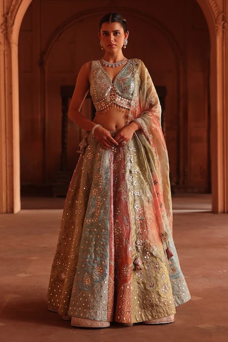 Label Moni K_Green Chanderi, Organza, Tissue Beads, Mirrors Gradient Layered Lehenga Set _Online_at_Aza_Fashions