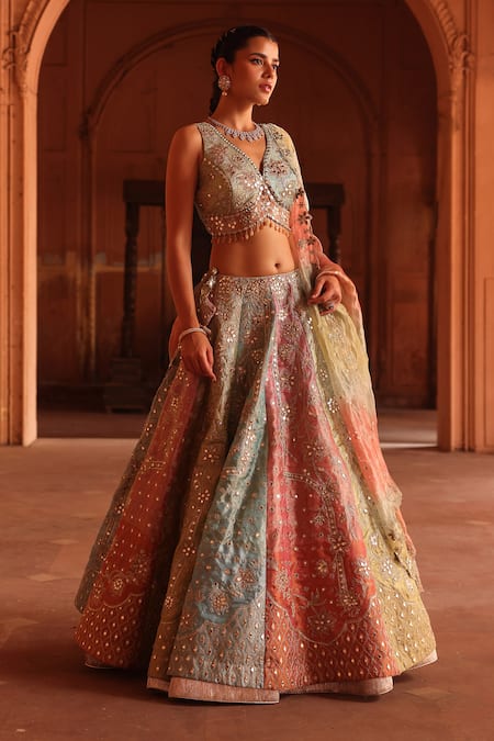 Buy_Label Moni K_Green Chanderi, Organza, Tissue Beads, Mirrors Gradient Layered Lehenga Set _Online_at_Aza_Fashions